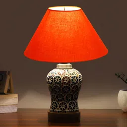 Devansh Orange Printed Wooden Frustum Shaped Table Lamp With Mosaic Glass Base-52