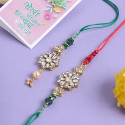 Anouk Set Of 2 Kundan Studded Floral Bhaiya Bhabhi Thread Rakhi With Roli Chawal-91