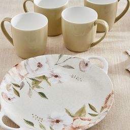 Home Centre Elva White & Beige 5 Pieces Glossy Coffee Mugs With Platter - 240ml-picture-46