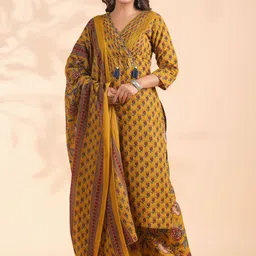vbuyz KALINI Floral Printed Sequinned Pure Cotton Kurta with Palazzos & Dupatta image 1
