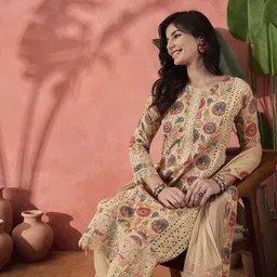Sangria Cream Floral Printed Round Neck Straight Pure Cotton Kurta With Trousers & Dupatta-picture-18