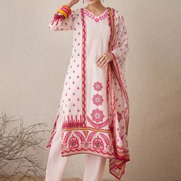 Indo Era Floral Printed V-Neck Pure Cotton Straight Kurta With Trousers & Dupatta-11