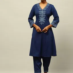 Rangriti Floral Yoke Design Straight Thread Work Kurta with Trousers-31