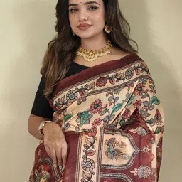 MORDEN MUSE Kalamkari Printed Pure Cotton Saree With Unstitched Blouse Piece-picture-11
