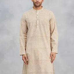 Fabindia Geometric Block Printed Band Collar Cotton Slim Fit Straight Kurta-image-56