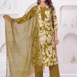 KALINI Women Floral Yoke Design Regular Sequinned Pure Cotton Kurta with Trousers & With Dupatta-image-82