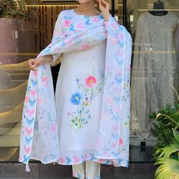 KOTRONS Floral Printed Round Neck A-Line Linen Kurta With Trousers & Dupatta-image-8