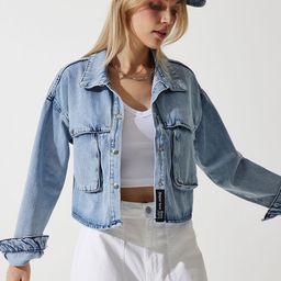 Happiness istanbul Women Washed Crop Denim Jacket with Embroidered-93