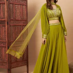 Chhabra 555 Embroidered Mirror Work Crop Top With Palazzo & Dupatta-picture-5