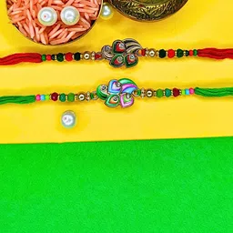 MANSIYAORANGE Set Of 2 Beaded Cotton Thread With AD Stones & Meenakari Thread Rakhi-18