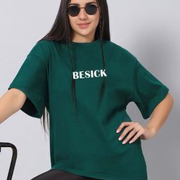 Besick Typography Printed Round Neck Drop-Shoulder Sleeves Oversized Cotton T-shirt-picture-47