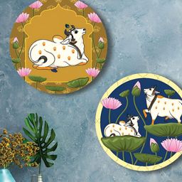 Shivmaan Art 2Pcs Mustard-Yellow & Blue Printed Wooden Wall Hangings-image-32
