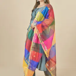 LA FEMINAE Colourblocked Art Silk Block Print Dupatta with Mirror Work image 4
