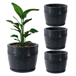 Kuber Industries 4Pcs Black Textured Roto Mould Flower Planters With Tray-15