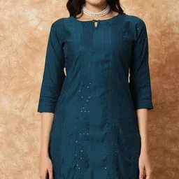 KALINI Women Embroidered Regular Sequinned Kurti with Pyjamas & With Dupatta image 2