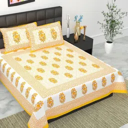 UNIBLISS Yellow & White Printed Cotton 144 TC Queen Bedsheet Set 2.15 m x 2.35 m-image-6