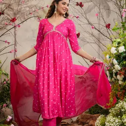 KALINI Women Bandhani Embroidered Empire Thread Work Kurta with Trousers & With Dupatta-7