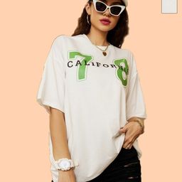 Dreambe Women Floral 2 Printed High Neck Drop-Shoulder Sleeves Applique T-shirt-image-94
