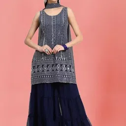 PARROT CREATION Geometric Embroidered Georgette Straight Kurta With Sharara & Dupatta-19