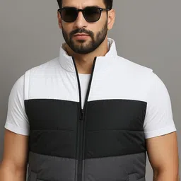 SZN Men White & Black Sleeveless Puffer Sleeveless Jacket-picture-7