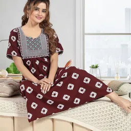 NIGHTY KING Women Printed Short Sleeve Pure Cotton Maxi Nightdress-image-1