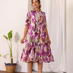 FLAVIA CREATION Women Cotton Shirt Collar Floral Printed A-Line Midi Dress-image-96