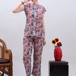 Dressberry Floral Printed Cap Sleeves Mandarin Collar Top With Trousers-image-66
