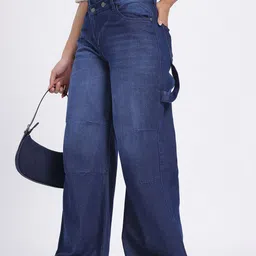 glitchez Women Strap Detail Asymmetric Closure Wide Leg Jeans-image-41