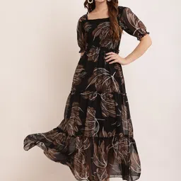 Bright Nex Floral Print Puff Sleeve Georgette Fit & Flare Maxi Dress-image-66
