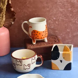 WEAVING HOMES White & Orange 4 Pieces Printed Ceramic Glossy Mugs-21