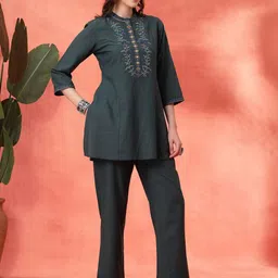 Nayam By Lakshita Floral Embroidered Mirror Work Cotton Tunic with Trouser-picture-29