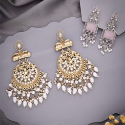 Anouk Set Of 2 Silver-Plated Artificial Stones and Beaded Geometric Shaped Drop Earrings-14
