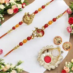 MEIRA JEWELLERY 2-Pcs Kundan Studded Thread Rakhi With Greeting Card & Roli Chawal-image-85