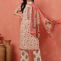 Anouk Floral Printed Thread Work Pure Cotton Straight Kurta With Trousers And Dupatta-54
