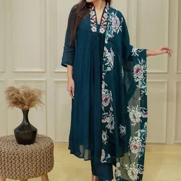 NIZA FASHION Floral Yoke Design Pleated V-Neck Thread Work Chinon Kurta Trousers & Dupatta-image-51