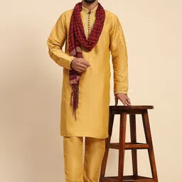 SKAVIJ Men Ethnic Motifs Embroidered Regular Thread Work Dupion Silk Kurta with Churidar & With Dupatta-picture-4