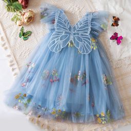 INCLUD Girls Floral Embroidered Square Neck Flutter Sleeves A-Line Dress-5