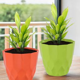 Kuber Industries 4Pc Orange Colored & Green Barfi Pattern Durable Plastic Planters-35