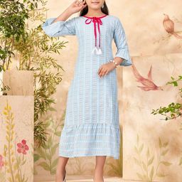BAESD Girls Self Design Tie-Up Neck Cotton A-Line Midi Dress-picture-14