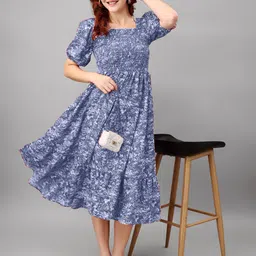 Raiyani Fashion Floral Print Puff Sleeve Applique Fit & Flare Midi Dress-picture-3