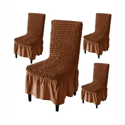 HOKIPO Brown 4 Pieces Bubble Textured Stretchable Chair Cover With Frill-image-15