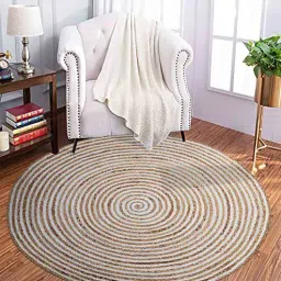 mric White Geometric Jute 3 ft x 3 ft Hand Woven Round Carpet-picture-38
