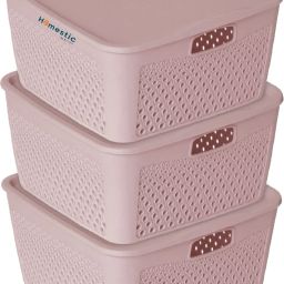 Plastic Square Shape Plastic Storage Baskets with lid Large Pack of 3 (Grey) Storage Basket-picture-25