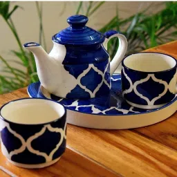 Pack of 4 Ceramic Hand Painted Ceramic Tea Kattle, Cup and Serving Tray Morning Tea Set-image-37