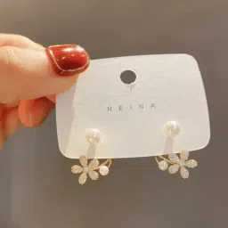 Trendy Pearl & Flower Ear Cuff Earrings for Girls & Women | Korean Style Design Pearl Alloy Stud Earring-image-31