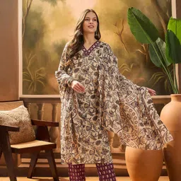 Sangria Women's Blue Ethnic Printed Cotton Straight Kurta Pant Dupatta Set-image-72