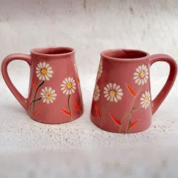 NURTURE INDIA Pink & White 2 Pieces Hand Painted Floral Printed Ceramic Glossy Mugs 250ml-50