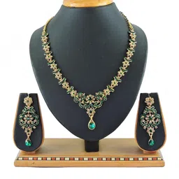 VATSALYA creation Women Brass Green & Gold-Plated With Zircon Studded Necklace & Earrings-picture-29