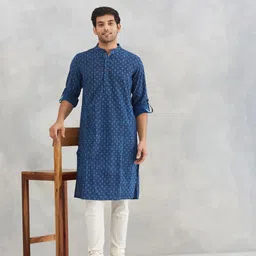 Fabindia Men Geometric Printed Thread Work Mandarin Collar Kurta-picture-26