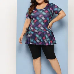 BAESD Abstract Printed Plus Size Round Neck Swim Suit-7